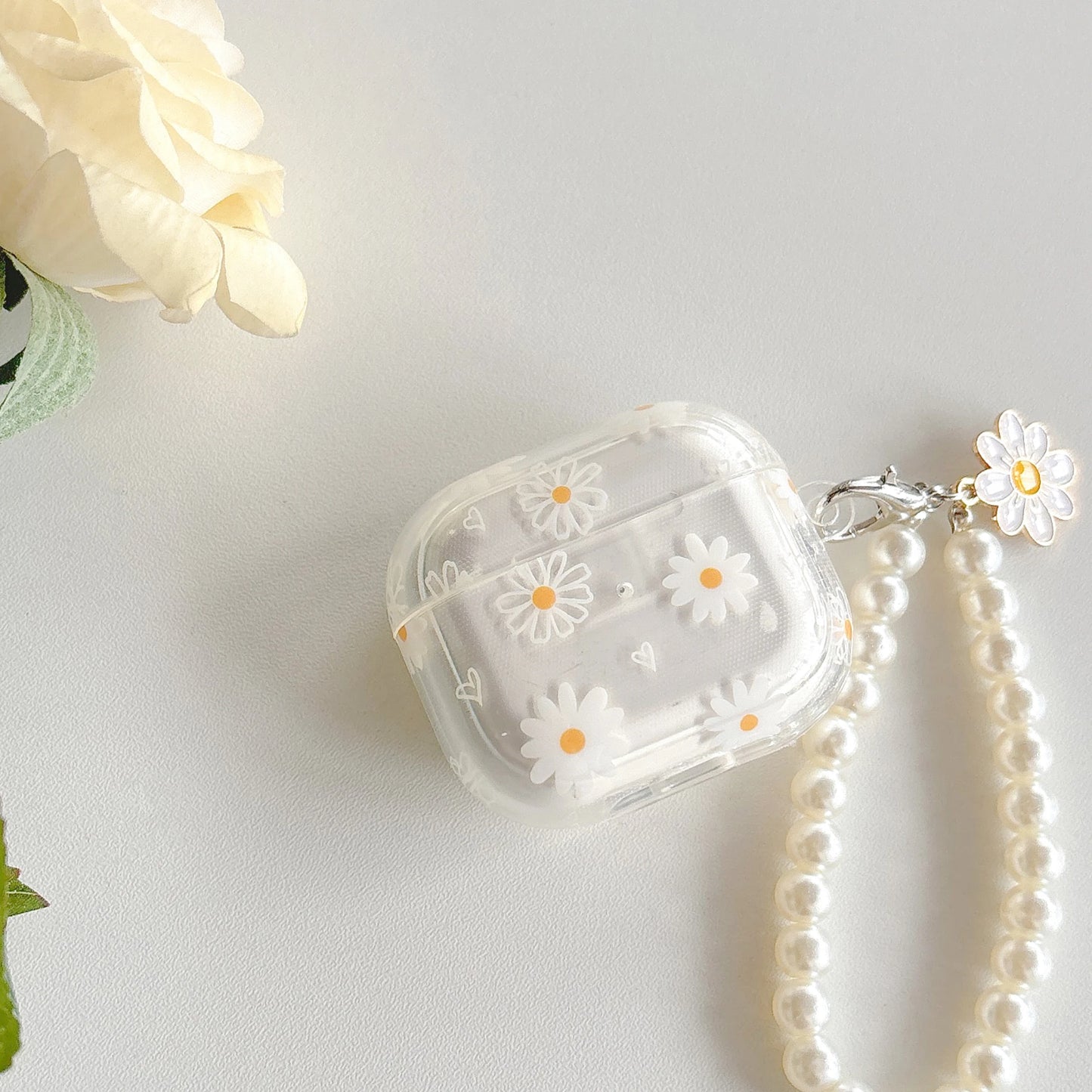 Wireless Bluetooth case for AirPods1/2 AirPods3 AirPods pro and pro2 tpu flower pattern earphone cover with imitation pearl chai